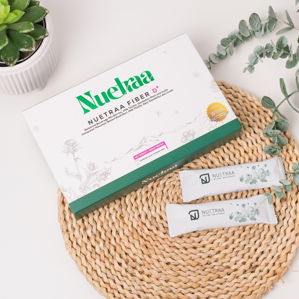 Gambar produk NUETRAA Fiber D+ — kotak dan sachet dalam pembungkusan asal